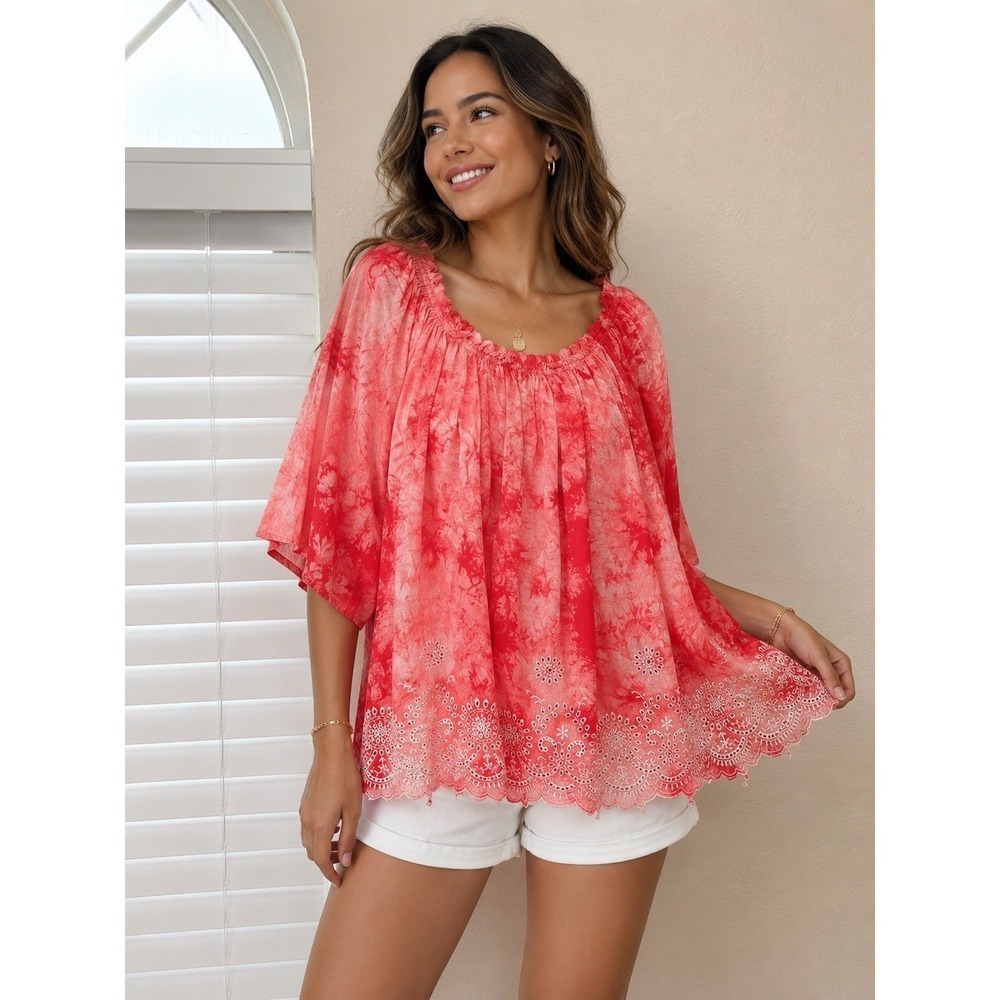 Bobeau Women's Orange Tie Dye Boho Peasant Tunic Top Embroidered Hem Medium